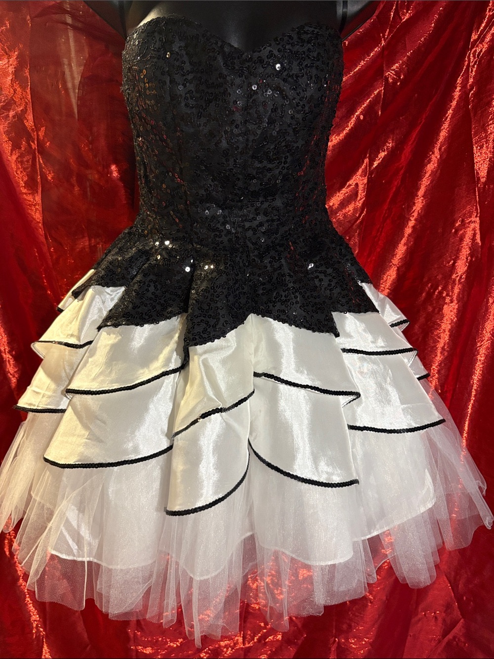 Black and White Sequin Tiered Tulle Party Dress